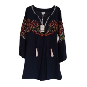 Mudpie Womens Dress Sz S Blue Embroidery V Neck Tassels bohemian Western Cotton